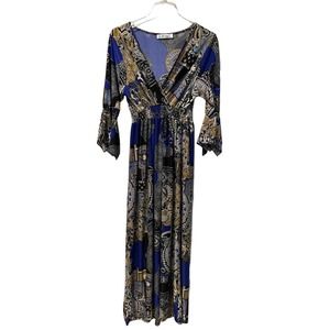 Elegant Blue and Black Paisley Midi Dress
